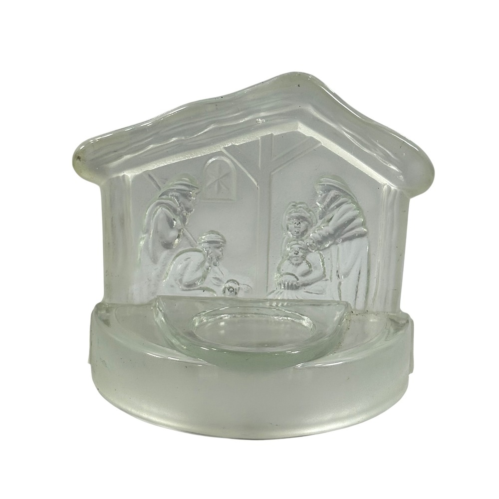 VTG Nativity Scene Votive Holder Frosted Glass Christmas Religious‎ Decor Small